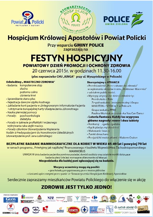 Plakat z zaproszeniem na Festy Hospicyjny w dniu 20 czerwca 2015 w Policach